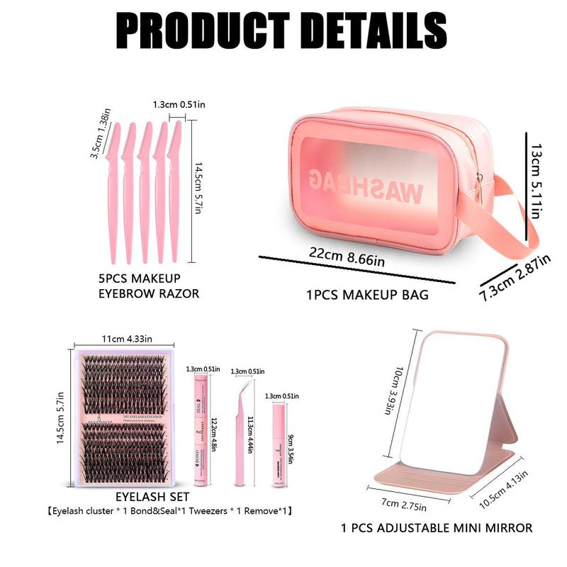 Eyelash Makeup Kit(11pcs set), Eyelash Cluster, Eyelash Bond & Seal, Tweezers, Eyebrow Trimmers, Cosmetic Bag & Adjustable Mirror, Eye Makeup Tools