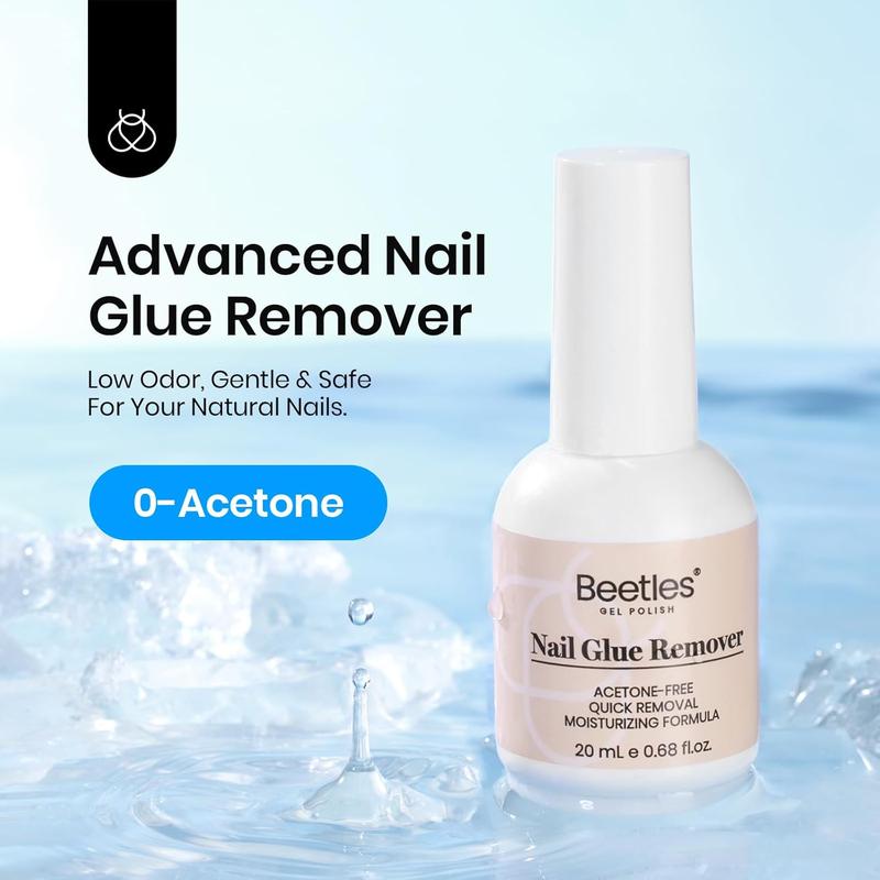 Beetles Nail Glue Remover Glue 20ml for False Nails, Press on Nails Glue Remover for Fake Nail Tips Acrylic Nail Adhesive Remover with Cuticle Pusher, Not for Uv Gel Glue or Gel Polish