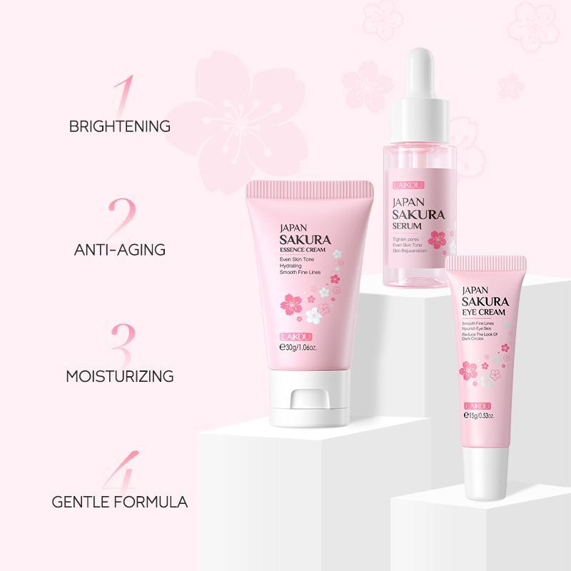 Sakura Facial Skincare Kit, 1 Count Moisturizing Sakura Essence & 1 Brightening Sakura Eye Cream & 1 Soothing Face Cream, Hydrating Skin Care Kit for Women, How To Be Pretty, Christmas Gift