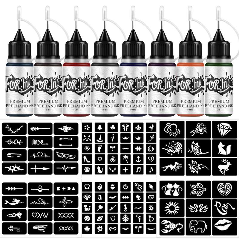 DIY Temporary Tattoo Makeup Kit, 8 Bottles Color Temporary DIY Ink & 102pcs Stencils Cosmetic Kit for Body Paint Fake Tattoos for Men & Women, Makeup Products, Christmas Gift