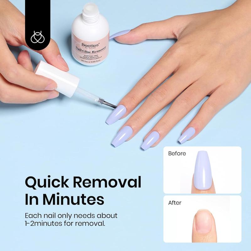 Beetles Nail Glue Remover Glue 20ml for False Nails, Press on Nails Glue Remover for Fake Nail Tips Acrylic Nail Adhesive Remover with Cuticle Pusher, Not for Uv Gel Glue or Gel Polish