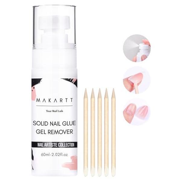 Makartt Nail Glue Remover for Halloween's Press on Nails, 60ML Gentle Glue Remover for Solid Nail Glue Gel Non-Acetone Press on Nail Remover for Nail Tips, Nail Polish Remover with 5pcs Wooden Sticks