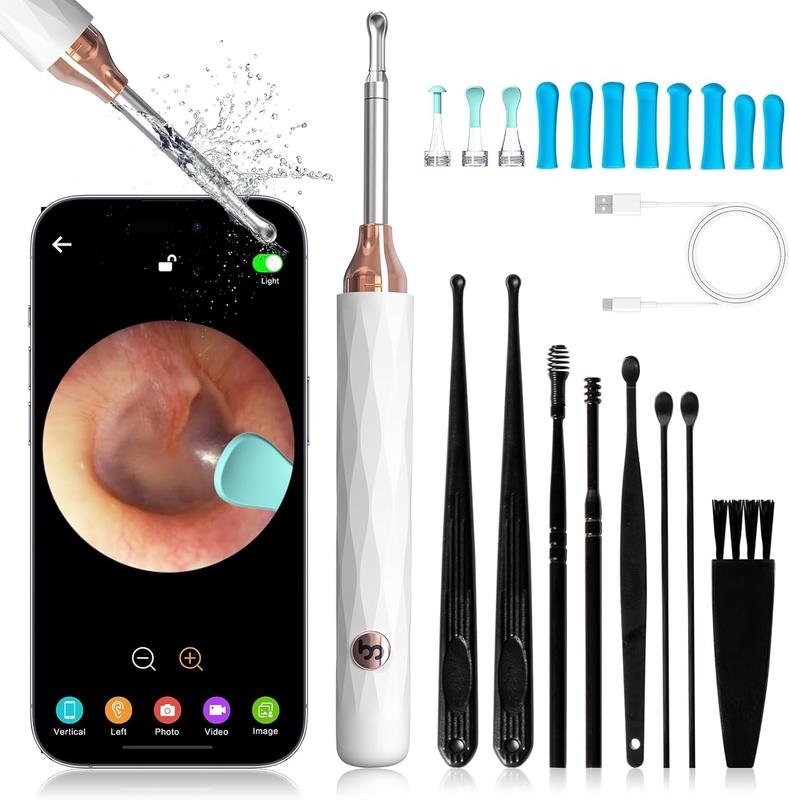 9Pcs Ear Care Kit with Camera - Ear Wax Removal Tool with 6 LED Lights, 1080P Ear Cleaner for iOS Android (White)