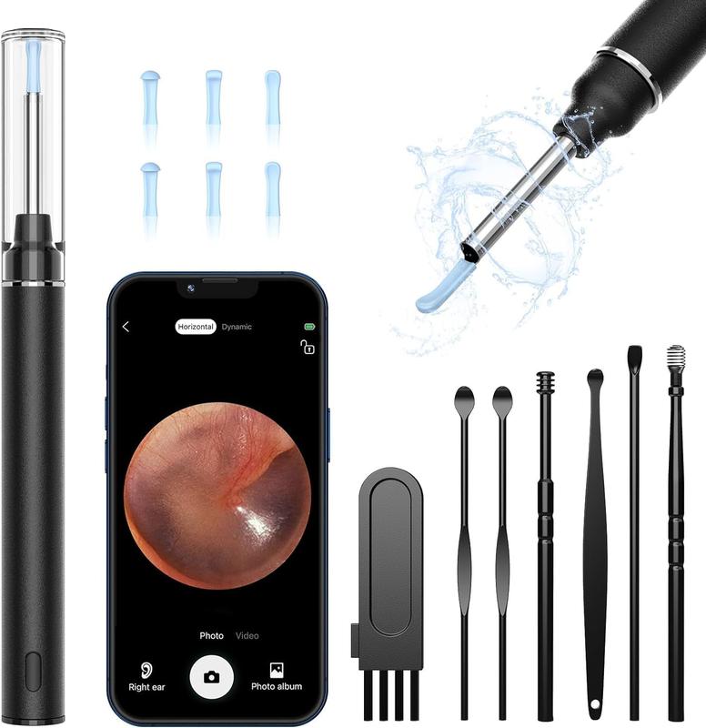 LMECHN Earwax Removal Kit, Ear Cleaner Camera 1920P HD, Diameter 3mm, Earwax Remover Tool with 6 Ear Spoon, Ear Cleaner with 8 Pcs Ear Set, Earwax Camera Cleaner for iOS, Android(Grey) And Smart Phone, Removal Drops, Removal Tool (Black)