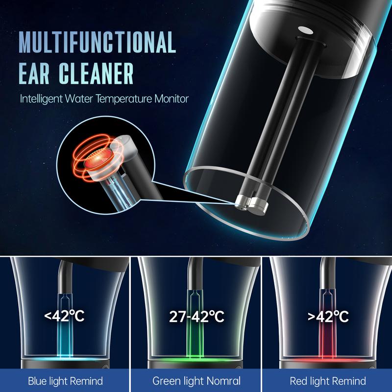 Upgraded Black Ear Wax Removal Kit – IPX7 Waterproof Ear Cleaner with One-Piece Waste Tank, Water Temperature Sensor, and USB-C Power for Safe & Effective Ear Irrigation