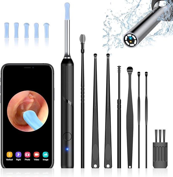 Ear Wax Removal Kit Camera, 800W Pixel FHD Smart Vision Ear Cleaner 6 Ear Spoons WiFi Ear Camera for iPhone, iPad and Android Ear Wax Removal Kit for Ear Cleaning (Black)