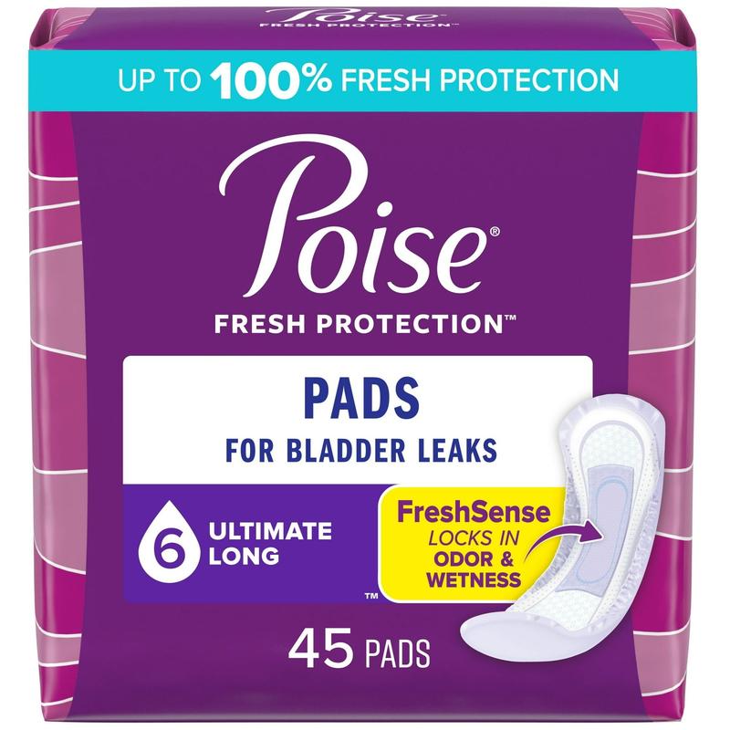 Poise Incontinence Pads for Women, 6 Drop Ultimate Absorbency, Long Length, 45 Count