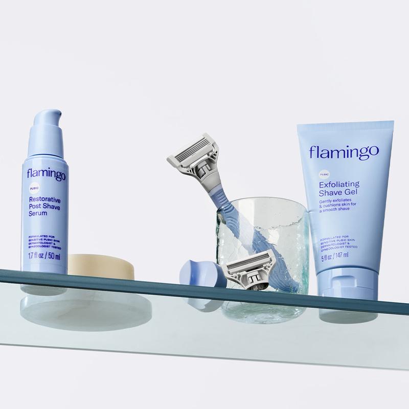 Flamingo Pubic Care Shave Routine with Exfoliating Gel, Restorative Post Shave Gel, and Shower Holder Aftershave Comfort