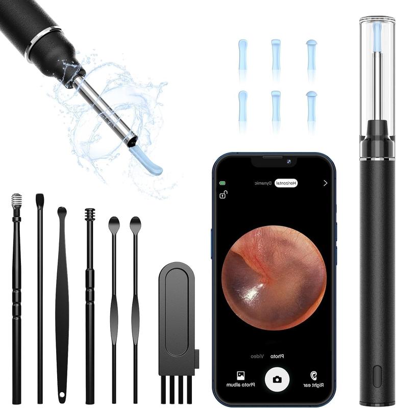 LMECHN Earwax Removal Kit, Ear Cleaner Camera 1920P HD, Diameter 3mm, Earwax Remover Tool with 6 Ear Spoon, Ear Cleaner with 8 Pcs Ear Set, Earwax Camera Cleaner for iOS, Android(Grey) And Smart Phone, Removal Drops, Removal Tool (Black)