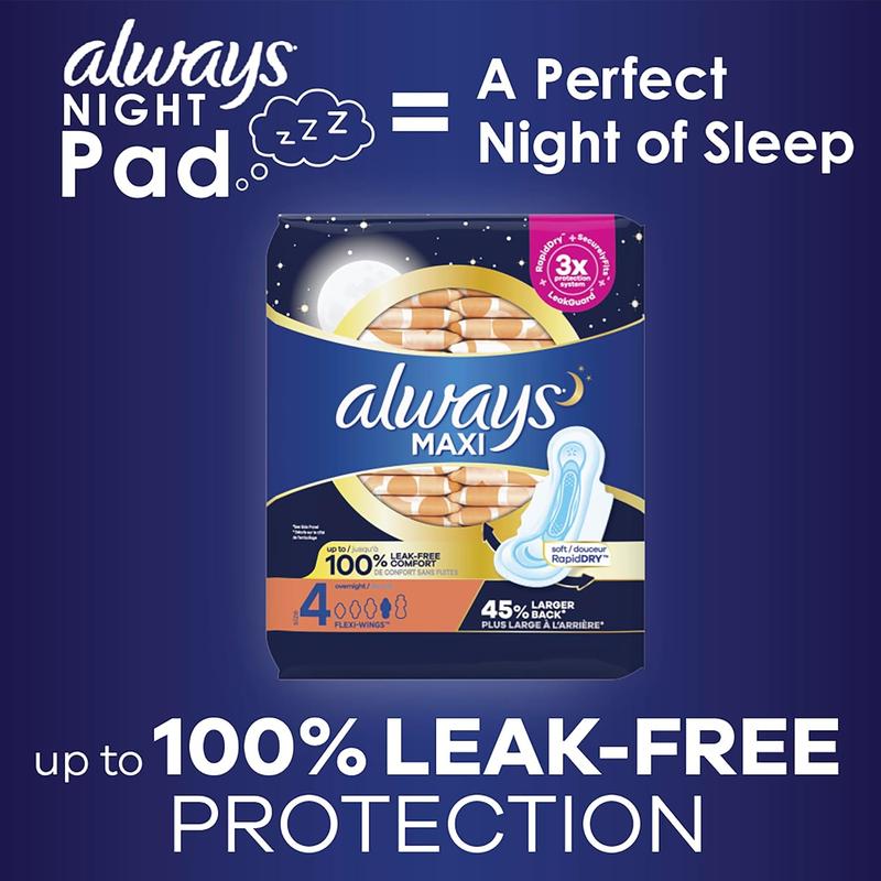 Always Maxi Overnight Pads with Wings, Size 4, Unscented, 33 CT - Comfort