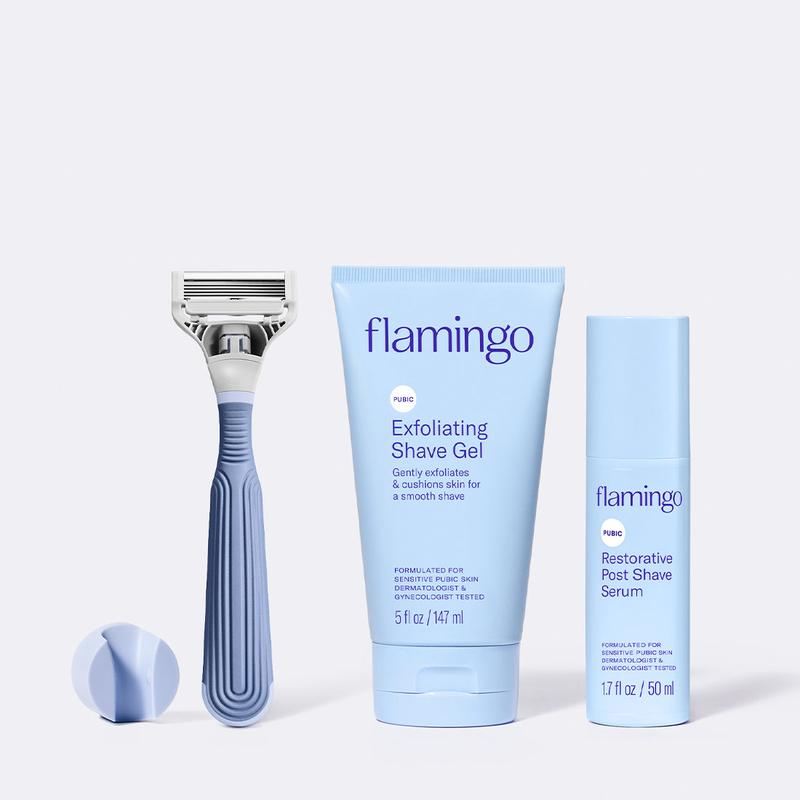 Flamingo Pubic Care Shave Routine with Exfoliating Gel, Restorative Post Shave Gel, and Shower Holder Aftershave Comfort