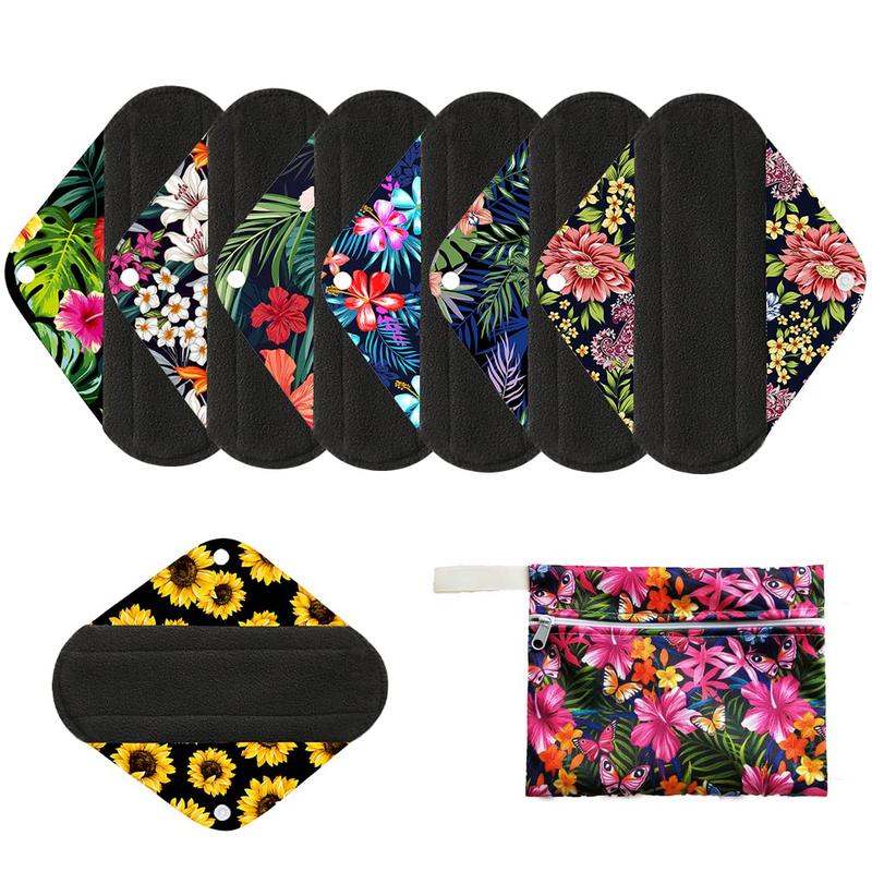 7pcs Set Including 1pc Mini Wet Bag +6pcs Bamboo Charcoal Cloth Menstrual Pads Reusable Sanitary Pads Mama Panty Liners (All Randomly Prints) Waterproof Comfort