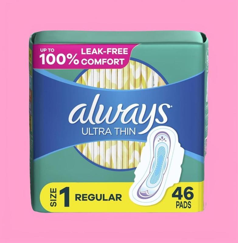 Always Ultra Thin Feminine Pads, Size 1 Regular Absorbency, Unscented, 46 Count with Wings for Women's Comfort Pack Long Lasting