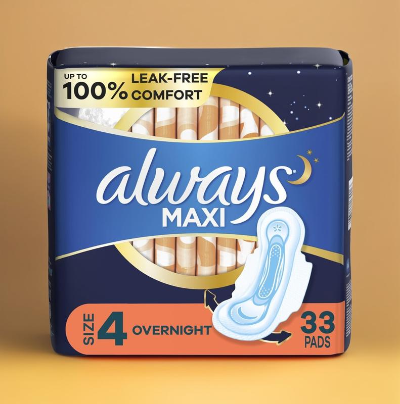 Always Maxi Overnight Pads with Wings, Size 4, Unscented, 33 CT - Comfort