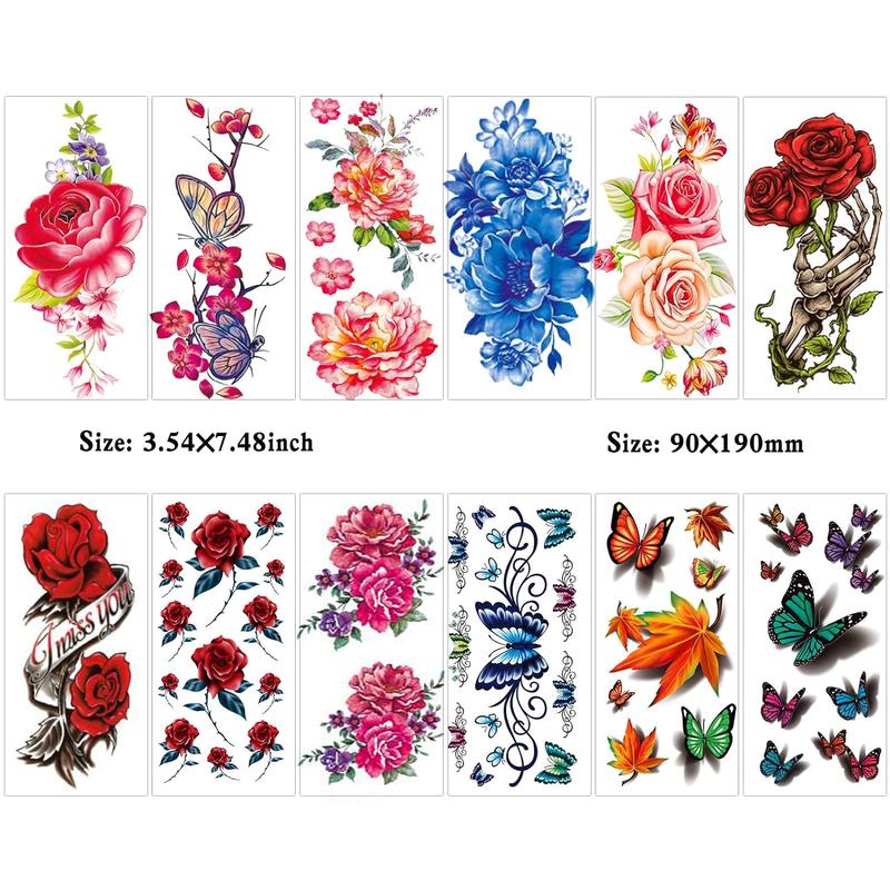 82 Sheets Flowers Temporary Tattoos Stickers, Roses, Butterflies and Multi-Colored Mixed Style Body Art Temporary Tattoos for Women, Girls or Kids