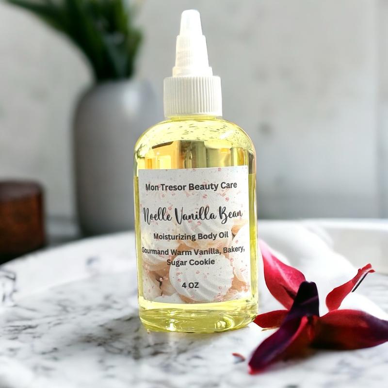 Noelle Vanilla Bean Body Oil, moisturizer, hydrating, gourmand warm vanilla bakery, vanilla, sugar cookie, womans body oil, fragrance oil, Body Care Silky Scented Scent Smoothing Moisture Moisturizing Coconut Apricot Aroma