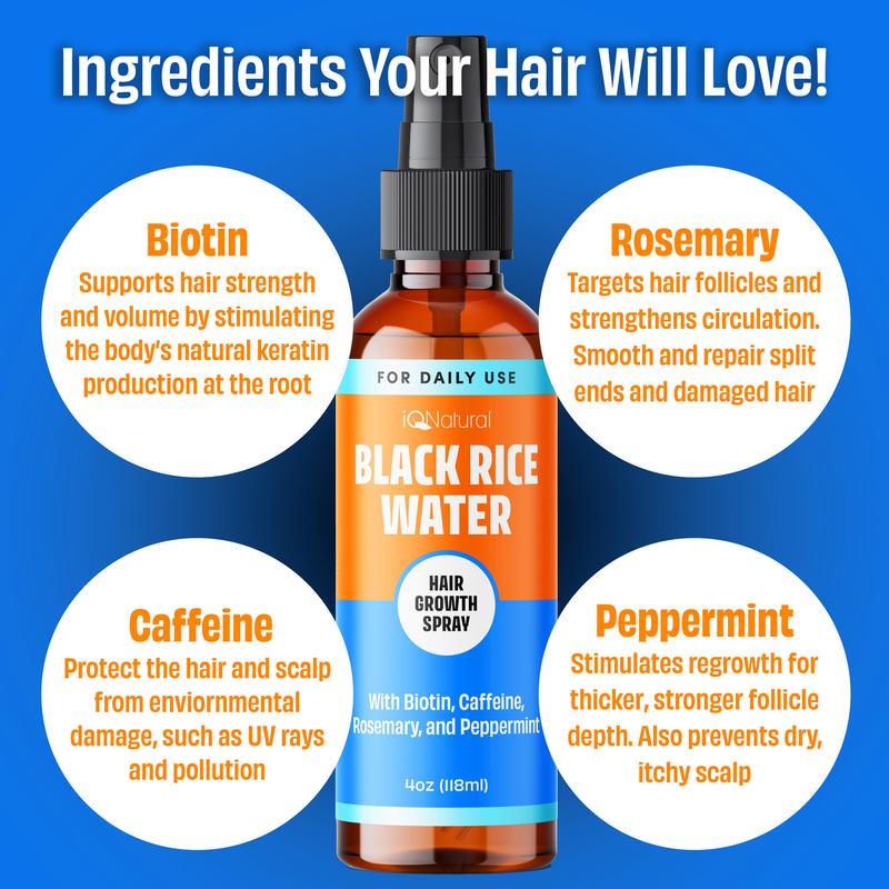 IQ Natural Rice Water for Hair Growth Spray, Biotin Spray for Hair Growth, Hydrating Hair Mist - 4oz Haircare Organic Caffeine Oil