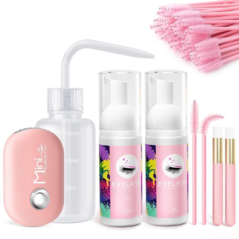 Lash Shampoo Kit - 2PCS 60ML Eyelash Shampoo Lash Cleaning Kit for Eyelash Extensions Foam Lash Clean with Type C Mini Lash Fan,Rinse Bottle,Mascara Brushes