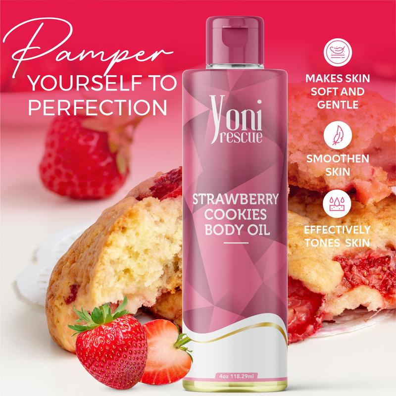 Strawberry Cookies Body Oil, 4oz, with Apricot, Jojoba, Avocado Oils & Vitamin E Oil, Fast-Absorbing, Nourishes and Hydrates Skin, Skin Repair, Body Care, Ideal for All Skin Types, Strawberry Cookies Fragrance Moisturizer by Yoni Rescue