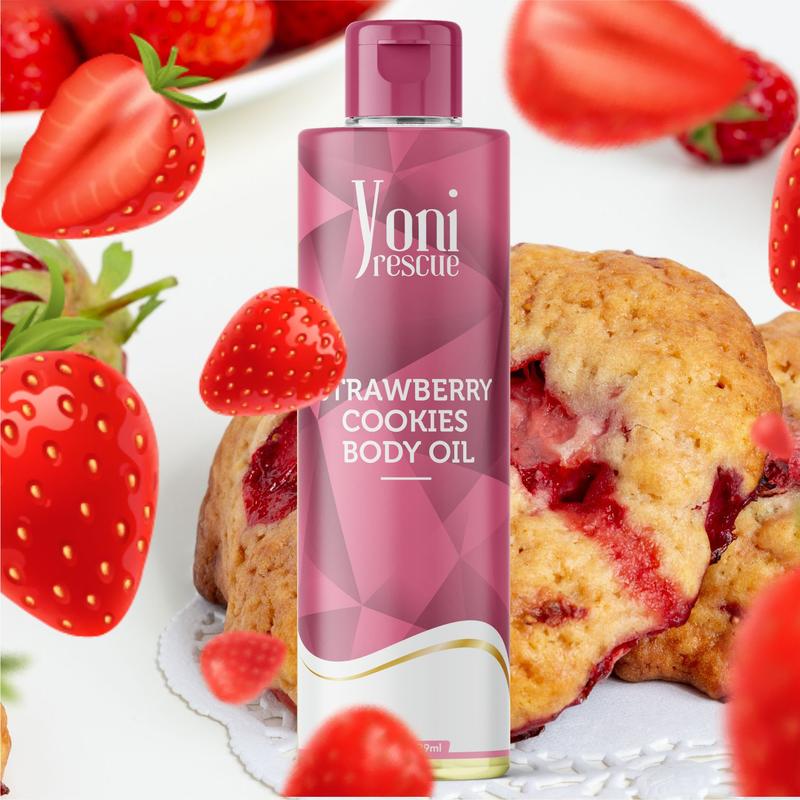 Strawberry Cookies Body Oil, 4oz, with Apricot, Jojoba, Avocado Oils & Vitamin E Oil, Fast-Absorbing, Nourishes and Hydrates Skin, Skin Repair, Body Care, Ideal for All Skin Types, Strawberry Cookies Fragrance Moisturizer by Yoni Rescue