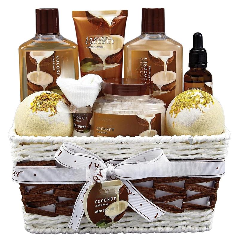 Bath and Body Gift Basket For Women and Men - 9 count Set of Vanilla Coconut Home Spa Set, Includes Fragrant Lotions, Extra Large Bath Bombs, Coconut Oil, Luxurious Bath Towel & More