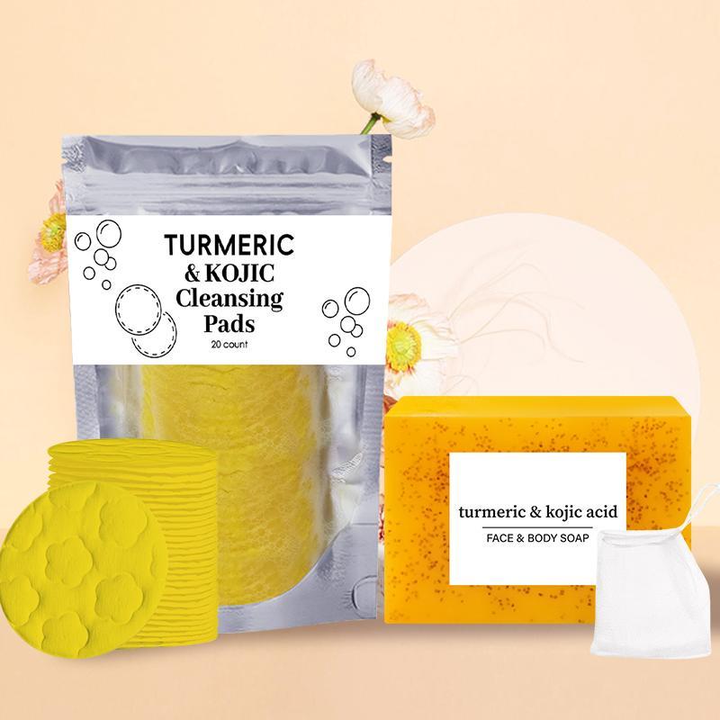 Deep Cleansing Facial & Body Care Kit, 1 Count Turmeric Soap & 1 Count Turmeric Kojic Cleansing Pads & 1 Count Storage Bag, Daily Skincare Set for Women