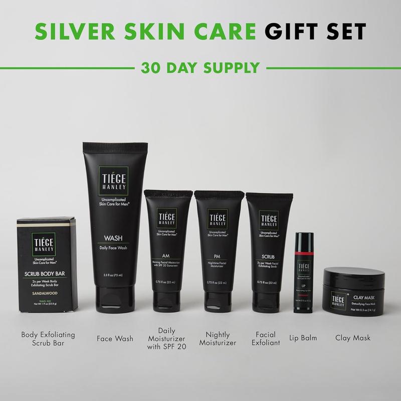 Tiege Hanley Mens Skin Care Gift Box Set, Silver - Men's Skincare Set Includes Daily Face Wash, Morning & Nighttime Facial Moisturizer, Face Clay Mask & Scrub, Body Scrub Bar, & Moisturizing Lip Balm