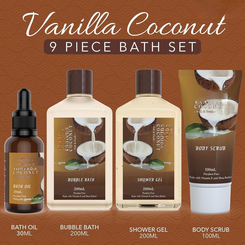 Bath and Body Gift Basket For Women and Men - 9 count Set of Vanilla Coconut Home Spa Set, Includes Fragrant Lotions, Extra Large Bath Bombs, Coconut Oil, Luxurious Bath Towel & More