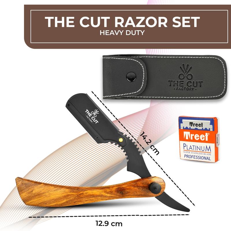 The Cut- Factory- Straight Razor with 100 Pack Platinum Treat Single Straight Edge Razor for Close Shaving 100 Percent Wood, Blade Razors for Men: Professional Barber (Brown)