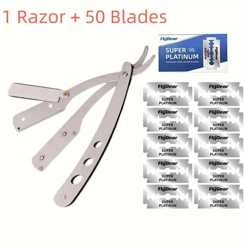 Men's Foldable Stainless Steel Blades, 1 Razor & 50 Blades, Manual Shaving Face Scraper, Barber Razor, Body Face Hair Removal Tool, Men's Care Products