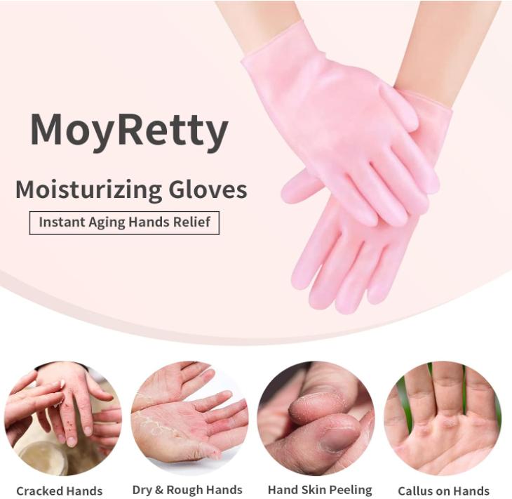 MoyRetty 2 Pairs Moisturizing Glove Socks Set, Silicone Gel Spa Socks for Dry Cracked Skin,Silicone Gel Heel Socks Anti Slip,for Foot Hand Softening, Calluses, Foot Care After Pedicure(Pink)