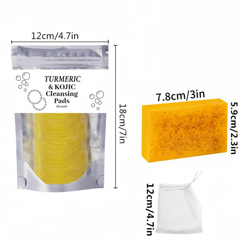 Deep Cleansing Facial & Body Care Kit, 1 Count Turmeric Soap & 1 Count Turmeric Kojic Cleansing Pads & 1 Count Storage Bag, Daily Skincare Set for Women