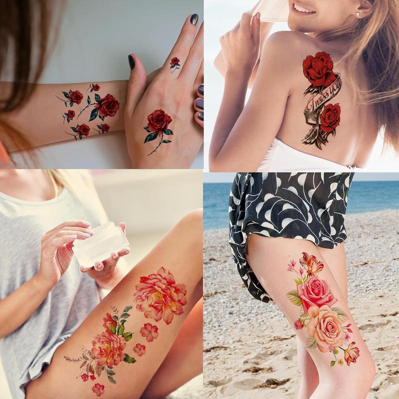 82 Sheets Flowers Temporary Tattoos Stickers, Roses, Butterflies and Multi-Colored Mixed Style Body Art Temporary Tattoos for Women, Girls or Kids