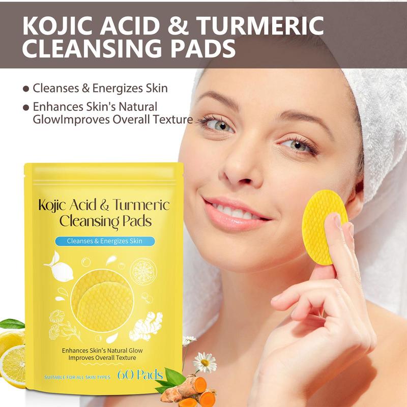 Kojic Acid & Turmeric Cleansing Pads, 60pcs pack Skin Looks Visibly Revitalized, Cleansing Pads for Face and Body