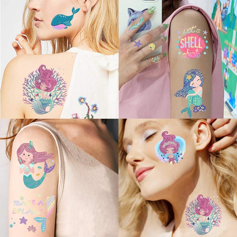 Cartoon Mermaid Pattern Temporary Tattoo Sticker, 96pcs set  Funny Waterproof Fake Tattoo Sticker, Body Art Sticker for Kids & Adults