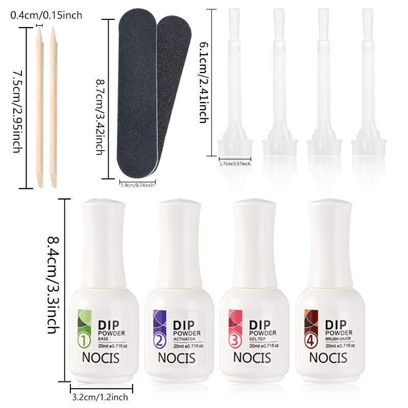 Dip Powder Liquid Set (12pcs set), Base & Top Coat, Activator, Brush Saver, Nail File & Stick, Replacement Brush, No Lamp Cured Dip Powder Nail Kit