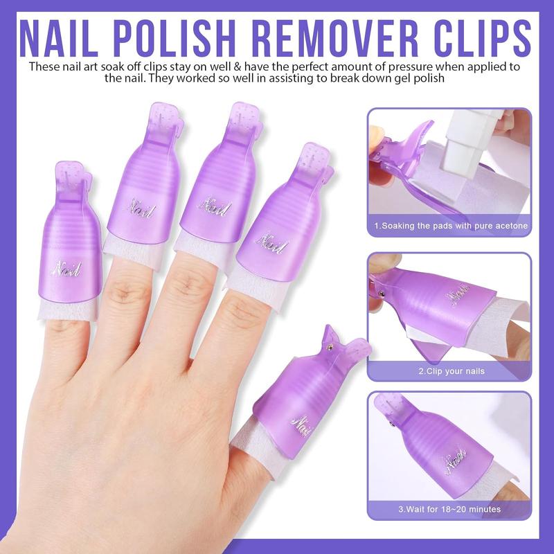 Nail Polish Gel Remover Tools Kit with Nail Clips Nail Remover Pads Cuticle Pusher Nail Brushes Nail File Grits 120 180 Buffer Block Grits 400 4000, 6 Pack Purple