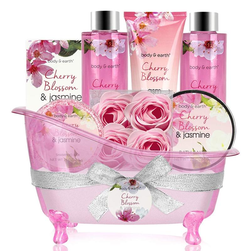 Cherry Blossom & Jasmine Scent Spa Bathtub Set Vitamin E Shower Kit Body Care Luxury Moisturizing Nourishing Comfort, Self Care Bundles, Bath and Body Care Products, Gifts For Her Girlfriend Wife Mom Fragrance Cosmetics Skin Care Moisture