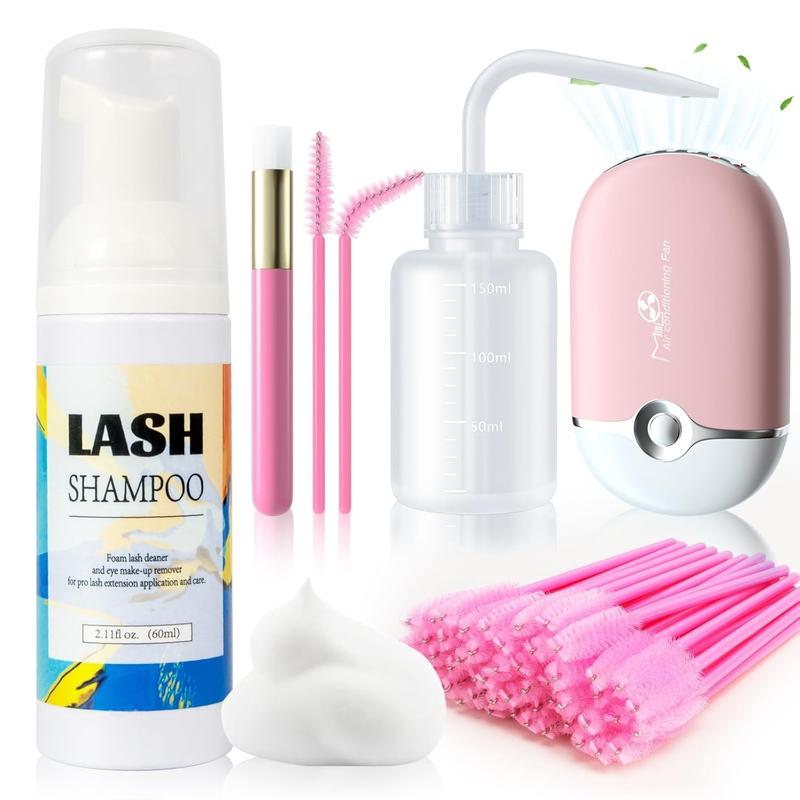 Lash Shampoo for Lash Extensions - 60ML Lash Extension Cleanser with Lash Fan Cleaning Brush Rinse Bottle and 50Pcs Mascara Brush, Rich Foam Lash Extension Wash(Pink)