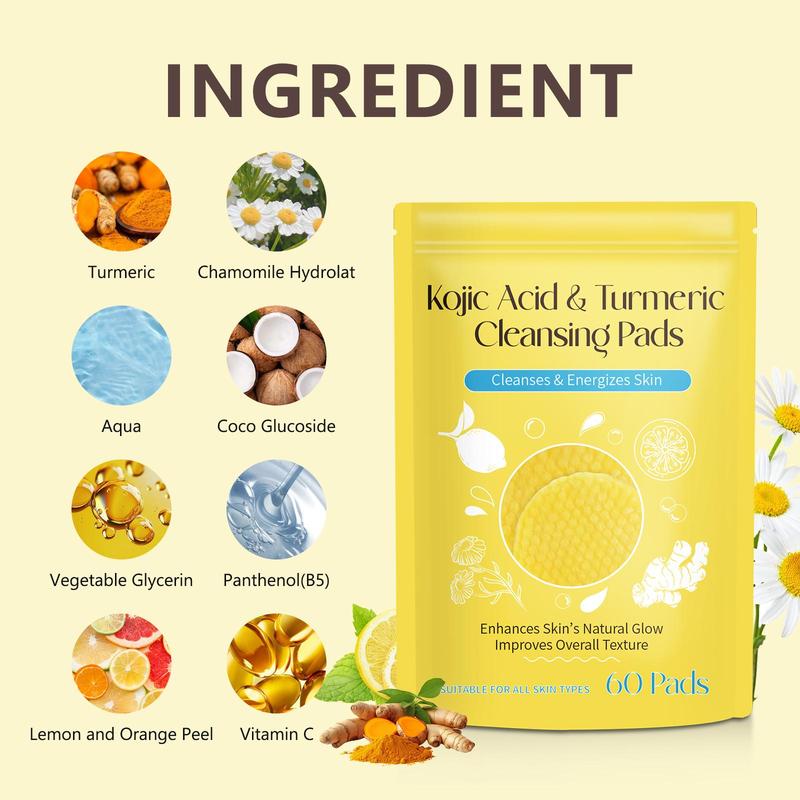 Kojic Acid & Turmeric Cleansing Pads, 60pcs pack Skin Looks Visibly Revitalized, Cleansing Pads for Face and Body