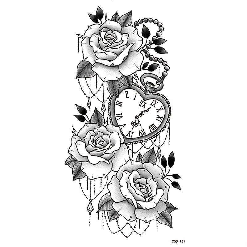 Rose & Clock Pattern Temporary Tattoo Sticker, 1 Count Waterproof Fake Tattoo Decals for Arms, Neck, Ankle, Legs, Body Art Stickers for Women & Men, Body Art Decoration