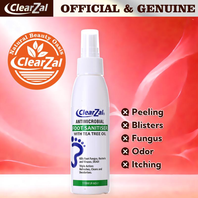 ClearZal Foot Sanitizer Spray with Tea Tree Oil, 4-Ounce Bottle Long-lasting disinfectant and antibacterial spray Long-lasting antibacterial effect to keep fresh  Tinea pedis, fungal infection, burning, itching, dandruff