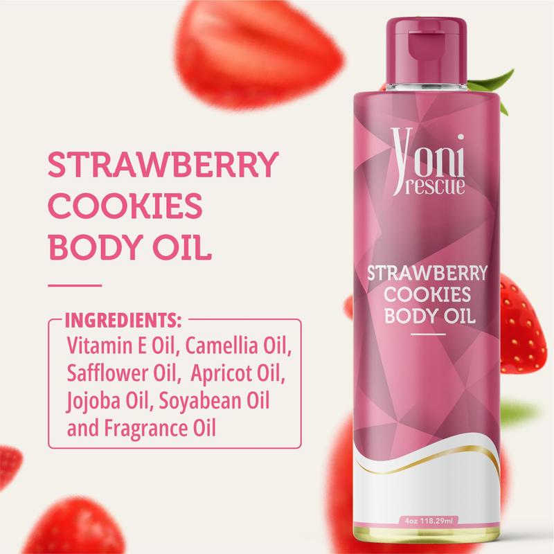 Strawberry Cookies Body Oil, 4oz, with Apricot, Jojoba, Avocado Oils & Vitamin E Oil, Fast-Absorbing, Nourishes and Hydrates Skin, Skin Repair, Body Care, Ideal for All Skin Types, Strawberry Cookies Fragrance Moisturizer by Yoni Rescue