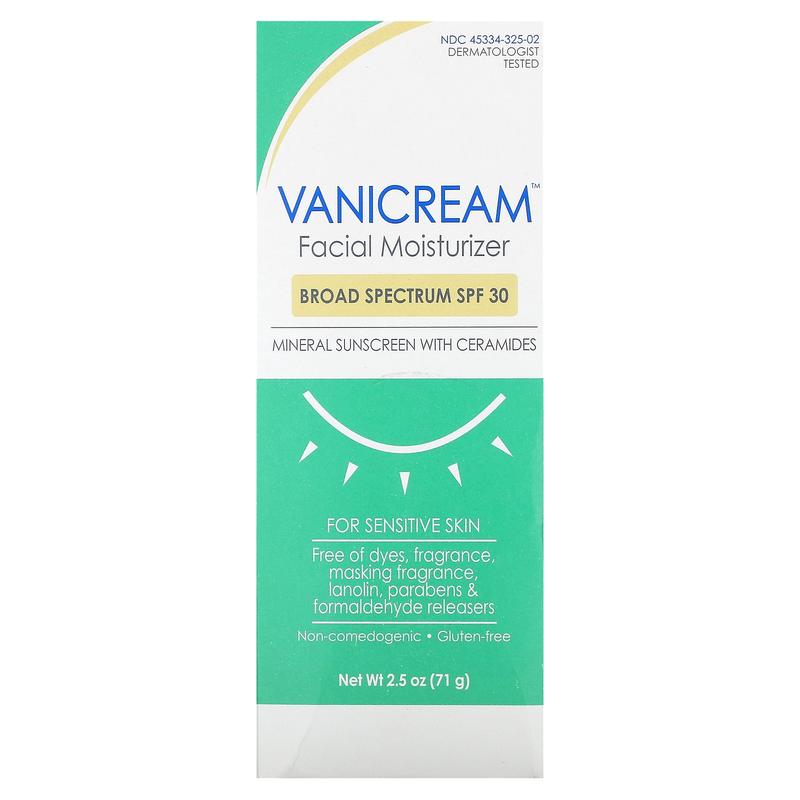 Vanicream Facial  Moisturizer, Mineral Sunscreen with Ceramides, For Sensitive Skin,  SPF 30, 2.5 oz (71 g)