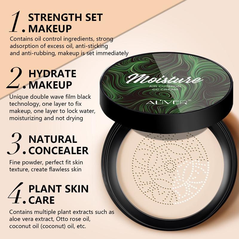 Air Cushion CC Cream Mushroom Head Foundation, Moisturizing BB Cream Makeup Long Lasting Matte Concealer (Natural Ivory White) cushionfoundation