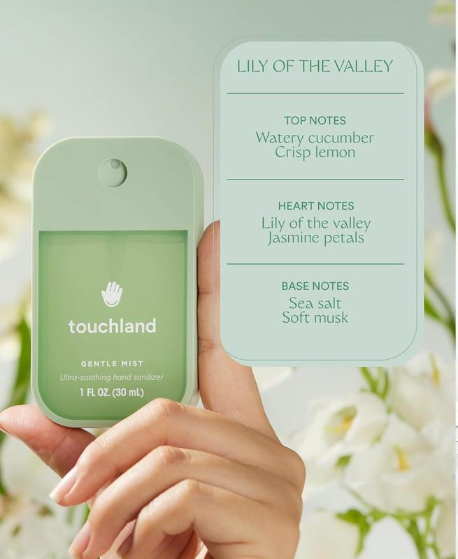 Touchland Gentle Mist Ultra-Soothing Hand Sanitizer Spray, Lily of the Valley scented, 1FL OZ Moisture Sensitive Hypoallergenic Jasmine