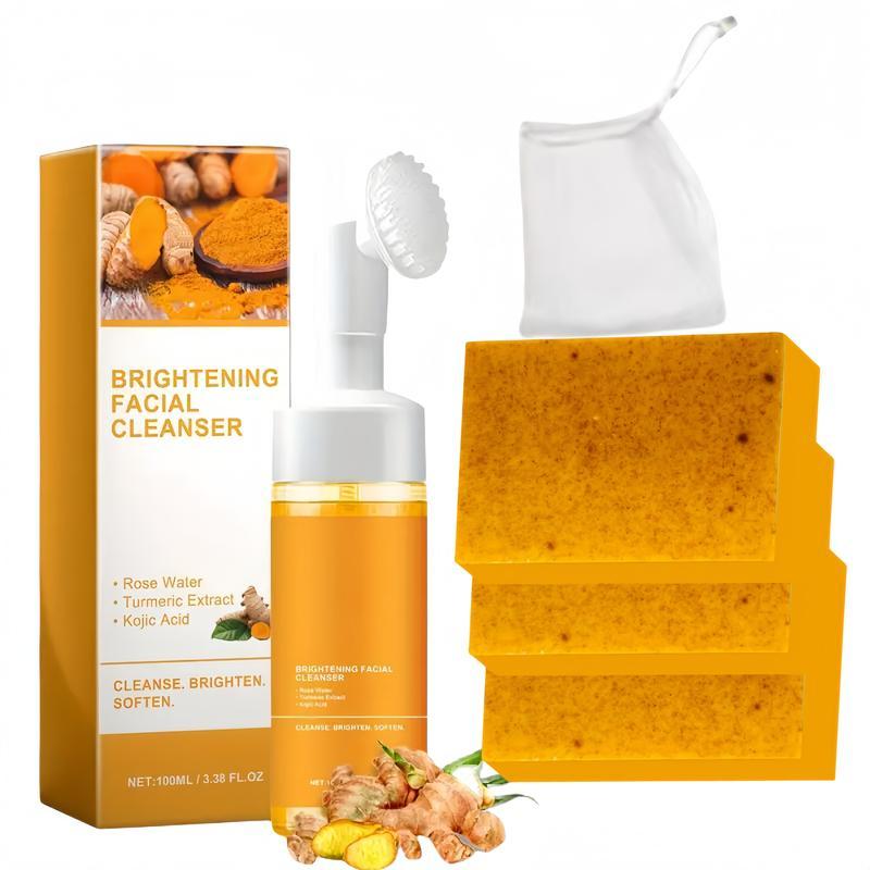 Turmeric Cleansing Mousse Turmeric Soap 2-piece Set - Gentle, Comfortable and Moisturizing Facial Cleansing Milk Turmeric Body Cleansing Soap