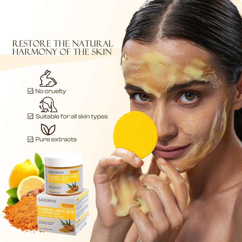 SADOWAY Turmeric Kojic Acid Cleansing Pads: 50PCS Turmeric Kojic Acid Pads Cleansing and Exfoliation Helps for Balance Skin Oil Skincare Skin Repair Comfort