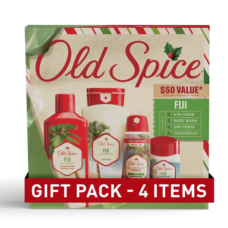 ($50 Value) Old Spice Holiday Gift Pack for Men, Fiji Scent, Body Wash, Antiperspirant and Deodorant, Aluminum Free Spray, 2 in 1 Shampoo