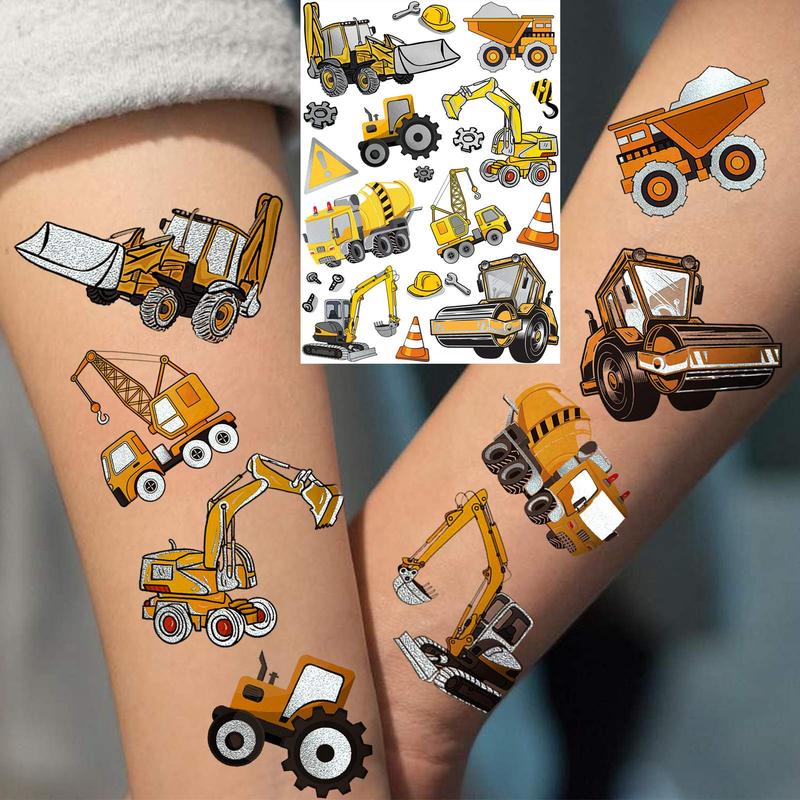 Groovy Excavator Cars Pattern Temporary Tattoo Sticker, 4 Counts set Children's Fake Tattoo Sticker, Body Art Sticker for Boys & Girls